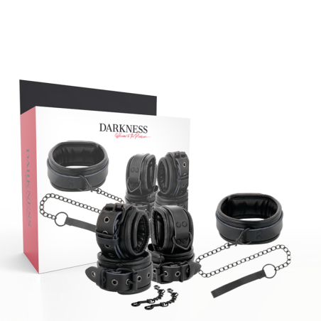 Kit Manette con collare DARKNESS LEATHER AND HANDCUFFS BLACK